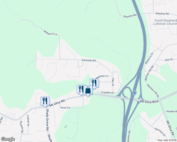 map of restaurants, bars, coffee shops, grocery stores, and more near 5805 Ashley Drive in Gardendale