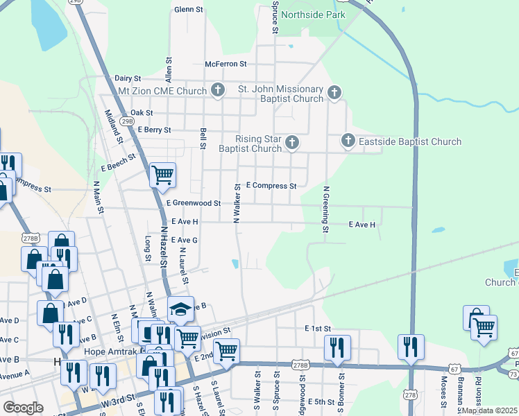 map of restaurants, bars, coffee shops, grocery stores, and more near 805 East Greenwood Street in Hope