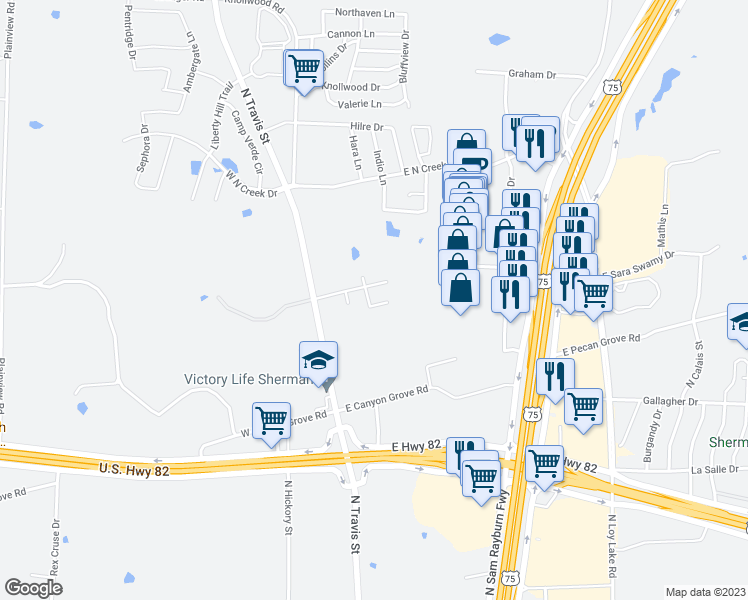 map of restaurants, bars, coffee shops, grocery stores, and more near 4401 Savannah Drive in Sherman