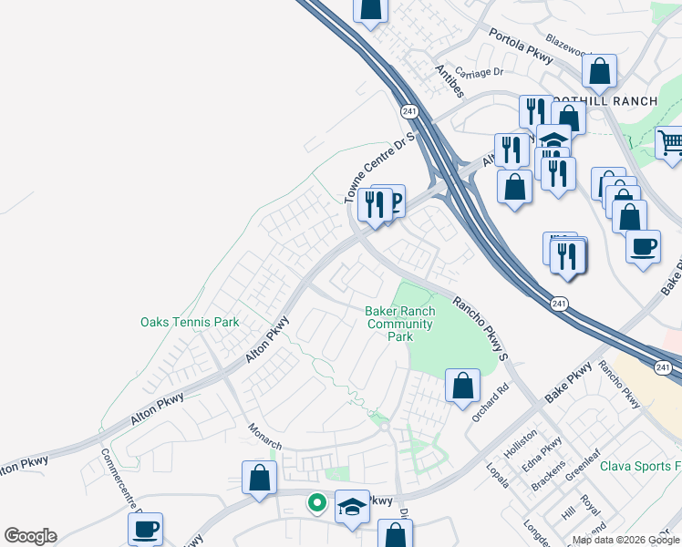 map of restaurants, bars, coffee shops, grocery stores, and more near 96 Finch in Lake Forest