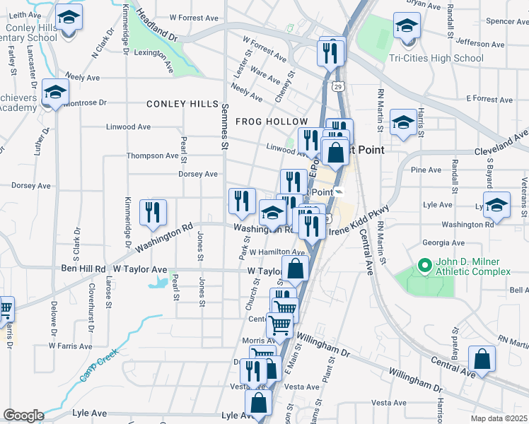 map of restaurants, bars, coffee shops, grocery stores, and more near 2889 Church St in Atlanta