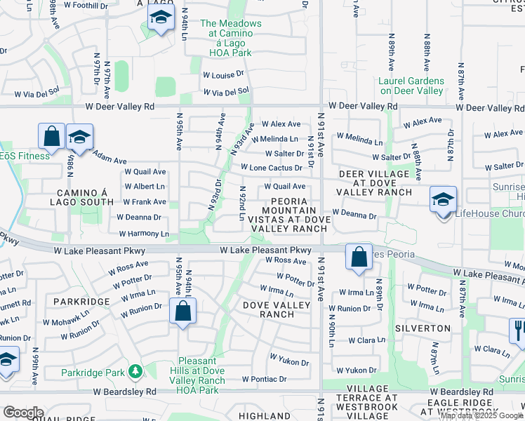 map of restaurants, bars, coffee shops, grocery stores, and more near 9210 West Frank Avenue in Peoria