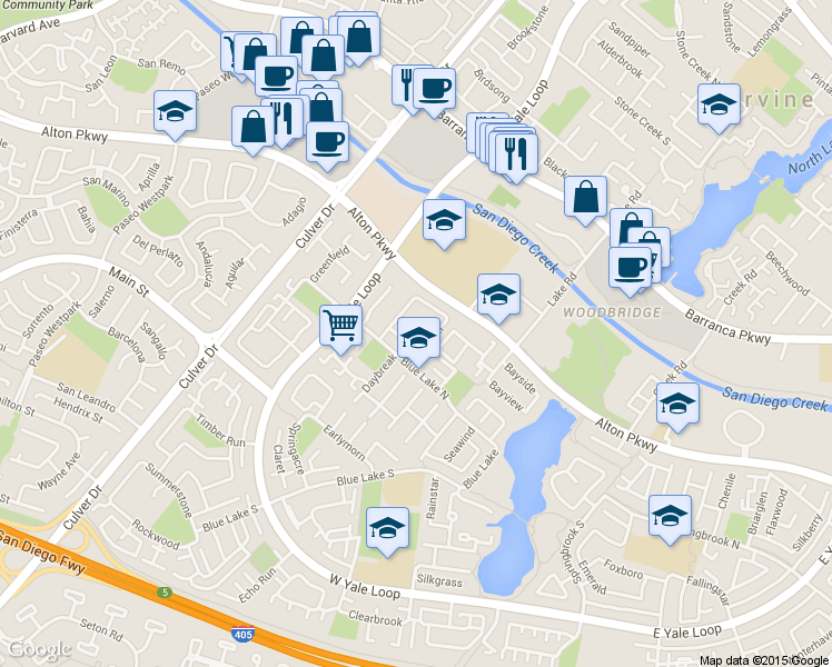 map of restaurants, bars, coffee shops, grocery stores, and more near 17 Spring Buck in Irvine