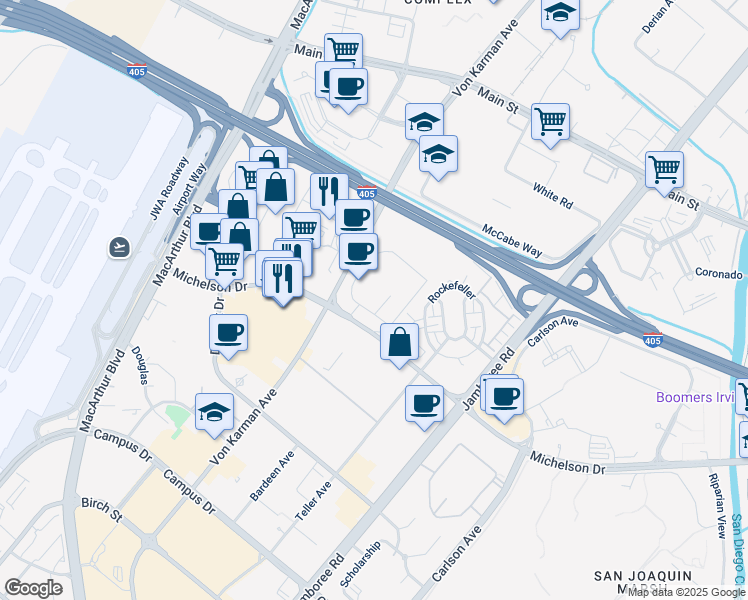 map of restaurants, bars, coffee shops, grocery stores, and more near 18500 Von Karman Avenue in Irvine