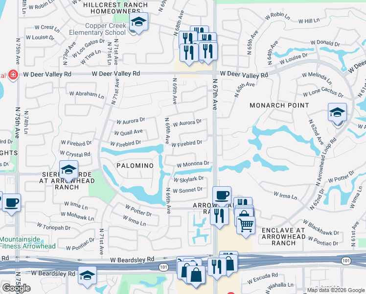 map of restaurants, bars, coffee shops, grocery stores, and more near 6853 West Firebird Drive in Glendale