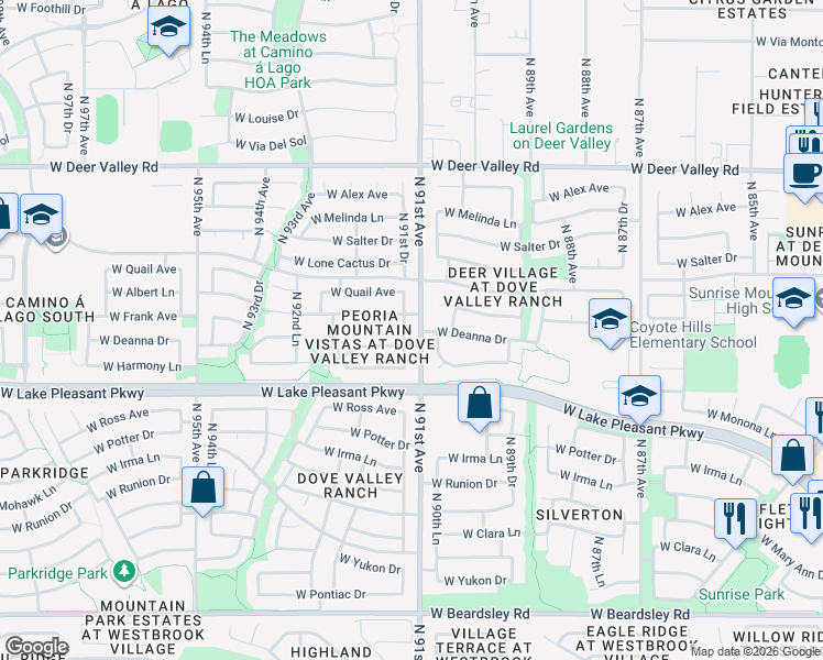 map of restaurants, bars, coffee shops, grocery stores, and more near 21239 North 91st Drive in Peoria
