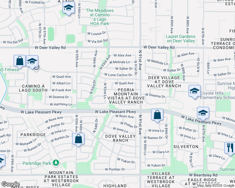 map of restaurants, bars, coffee shops, grocery stores, and more near 9210 West Frank Avenue in Peoria