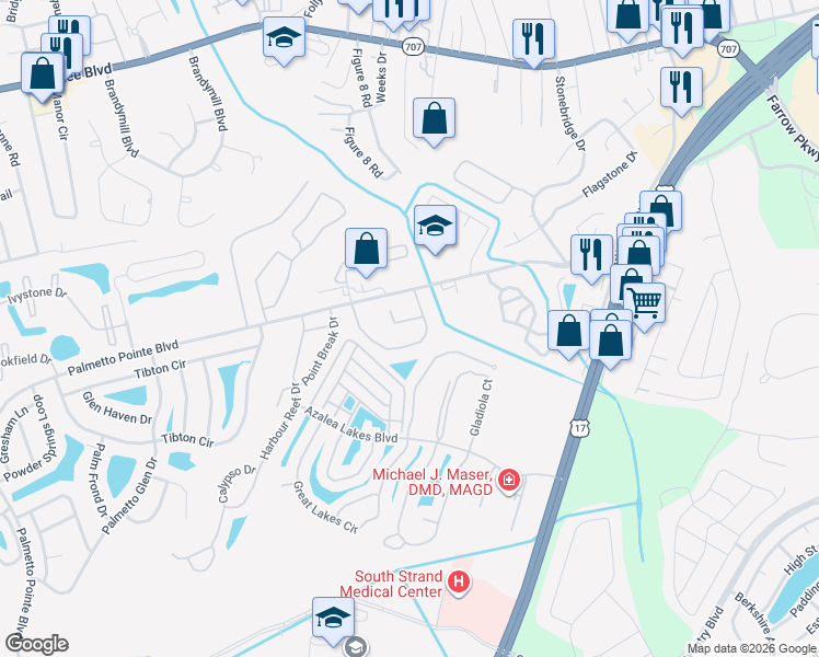 map of restaurants, bars, coffee shops, grocery stores, and more near 305 Hidden Court in Myrtle Beach