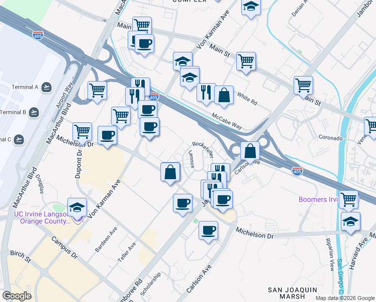 map of restaurants, bars, coffee shops, grocery stores, and more near 75 Lennox in Irvine