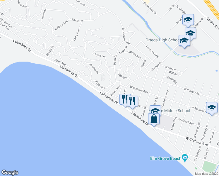 map of restaurants, bars, coffee shops, grocery stores, and more near 30541 Wilson Way in Lake Elsinore