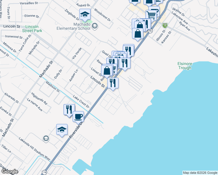 map of restaurants, bars, coffee shops, grocery stores, and more near 32000 Riverside Drive in Lake Elsinore