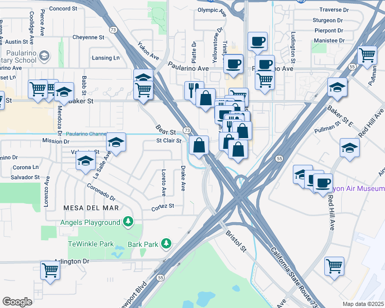 map of restaurants, bars, coffee shops, grocery stores, and more near 2891 Bear Street in Costa Mesa