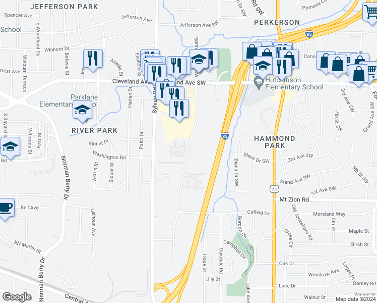 map of restaurants, bars, coffee shops, grocery stores, and more near 2892 Springdale Road Southwest in Atlanta