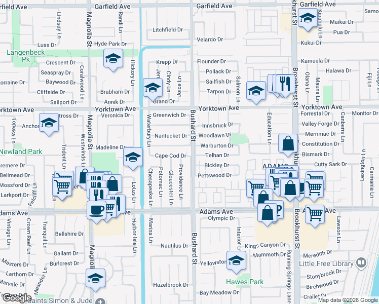 map of restaurants, bars, coffee shops, grocery stores, and more near 19711 Bushard Street in Huntington Beach