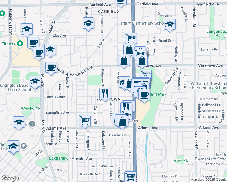 map of restaurants, bars, coffee shops, grocery stores, and more near 2116 Hess Circle in Huntington Beach