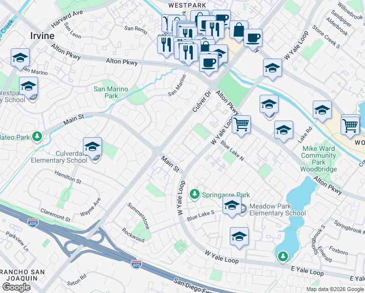 map of restaurants, bars, coffee shops, grocery stores, and more near 63 Eagle Run in Irvine