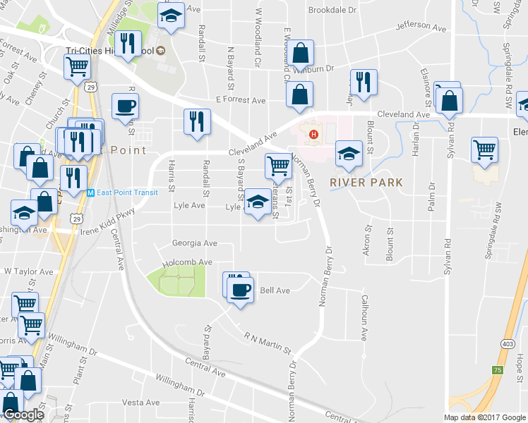 map of restaurants, bars, coffee shops, grocery stores, and more near 1258 Lyle Avenue in East Point
