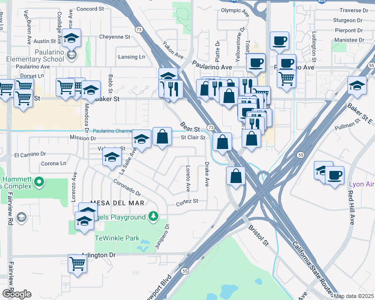 map of restaurants, bars, coffee shops, grocery stores, and more near 837 Santiago Road in Costa Mesa