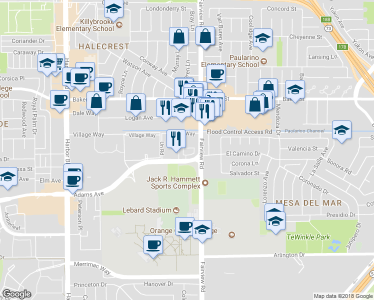map of restaurants, bars, coffee shops, grocery stores, and more near 1209 Hazel Place in Costa Mesa
