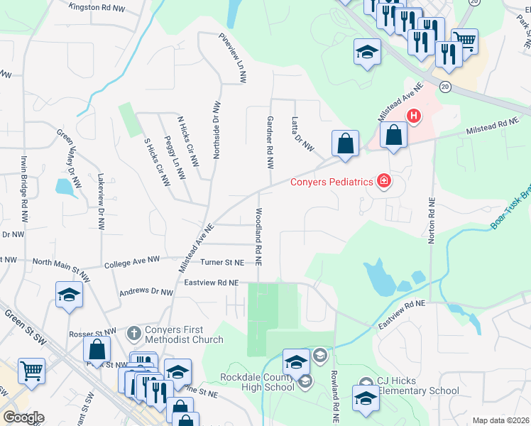 map of restaurants, bars, coffee shops, grocery stores, and more near 1251 Woodland Road Northeast in Conyers