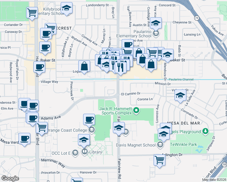 map of restaurants, bars, coffee shops, grocery stores, and more near 1203 Hazel Place in Costa Mesa