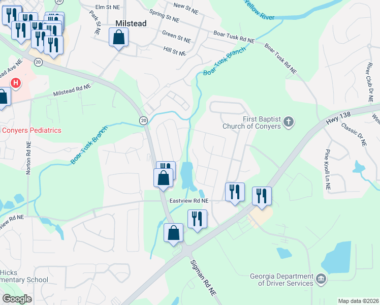 map of restaurants, bars, coffee shops, grocery stores, and more near 1267 Brookside Drive Northeast in Conyers