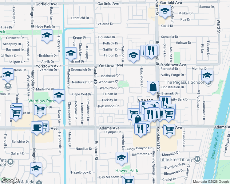 map of restaurants, bars, coffee shops, grocery stores, and more near 9641 Telhan Drive in Huntington Beach