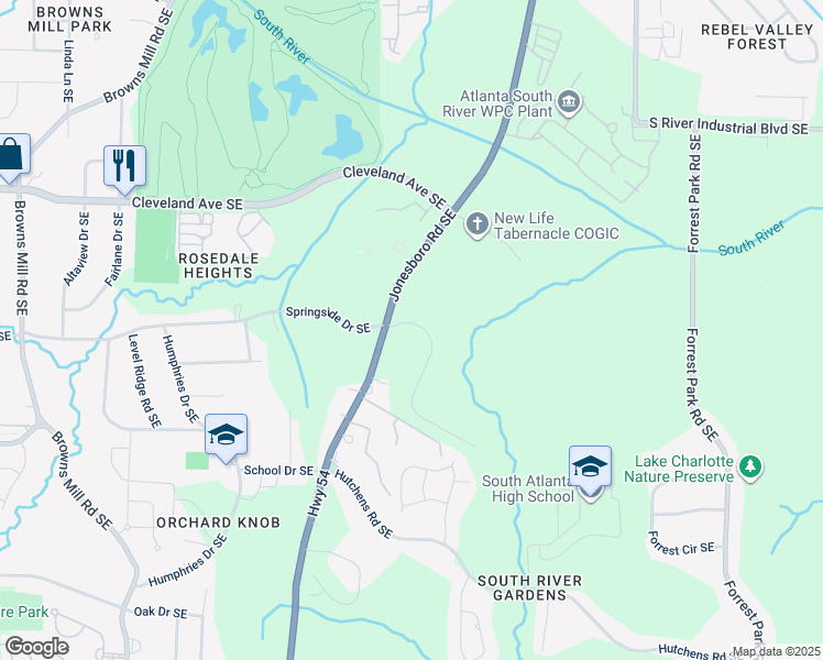 map of restaurants, bars, coffee shops, grocery stores, and more near 603 River Gardens Drive in Atlanta