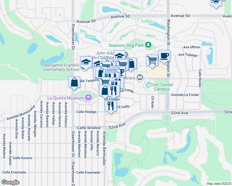 map of restaurants, bars, coffee shops, grocery stores, and more near 78085 Avenida La Fonda in La Quinta