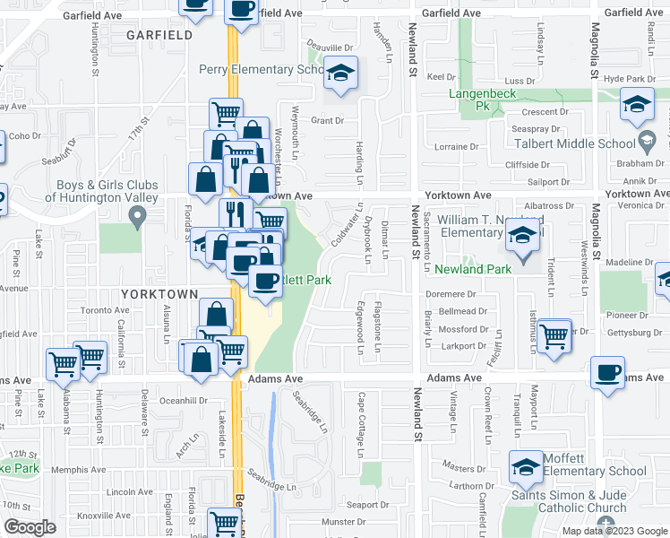 map of restaurants, bars, coffee shops, grocery stores, and more near 19722 Elmcrest Lane in Huntington Beach