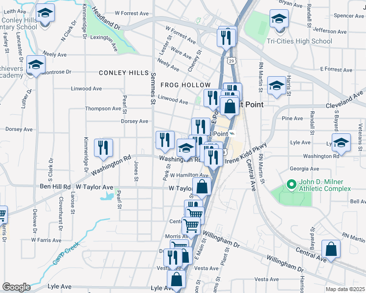 map of restaurants, bars, coffee shops, grocery stores, and more near 2891 Church Street in Atlanta
