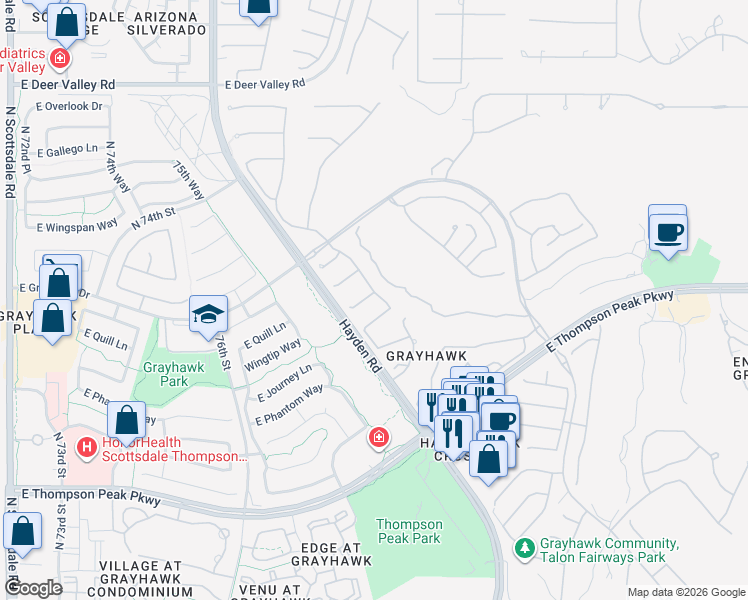 map of restaurants, bars, coffee shops, grocery stores, and more near 7926 East Thunderhawk Road in Scottsdale
