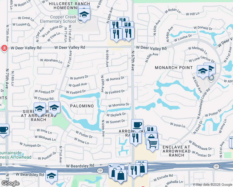 map of restaurants, bars, coffee shops, grocery stores, and more near 6853 West Firebird Drive in Glendale