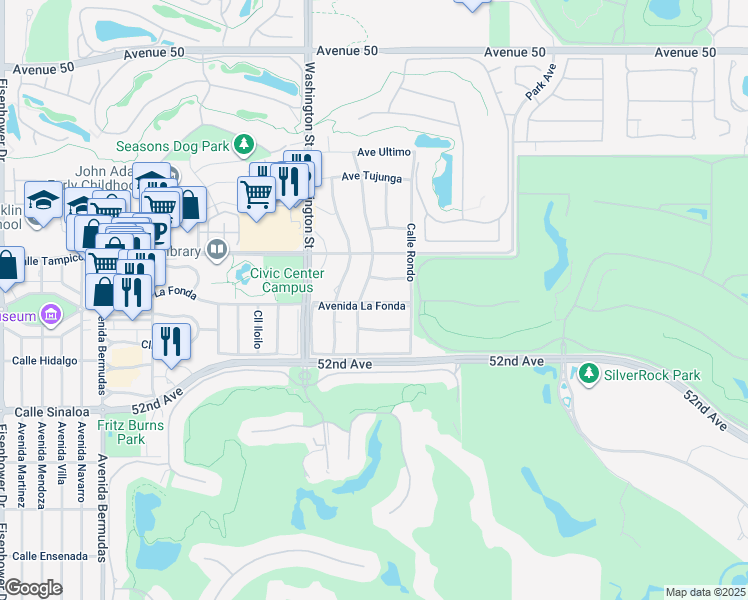 map of restaurants, bars, coffee shops, grocery stores, and more near 78660 Avenida La Fonda in La Quinta