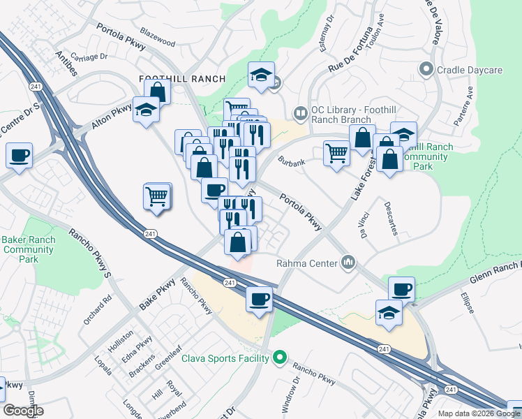 map of restaurants, bars, coffee shops, grocery stores, and more near 610 El Paseo in Lake Forest
