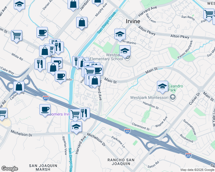 map of restaurants, bars, coffee shops, grocery stores, and more near 50 Almador in Irvine