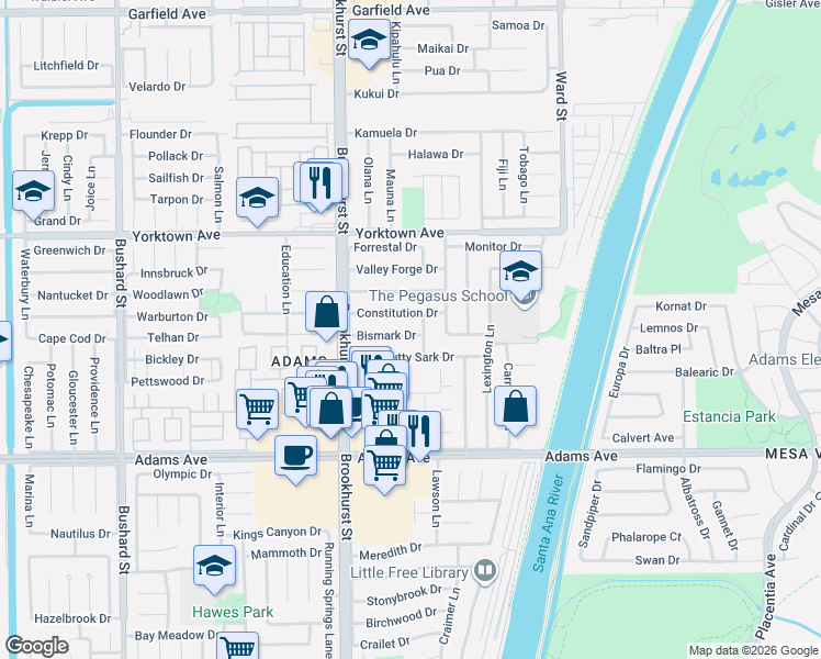 map of restaurants, bars, coffee shops, grocery stores, and more near 19691 Matsonia Lane in Huntington Beach