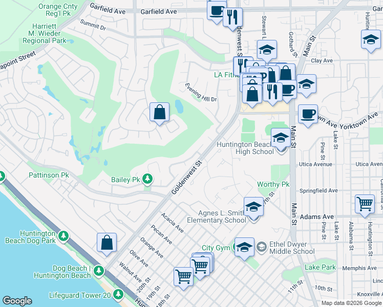 map of restaurants, bars, coffee shops, grocery stores, and more near 19672 Quiet Bay Lane in Huntington Beach