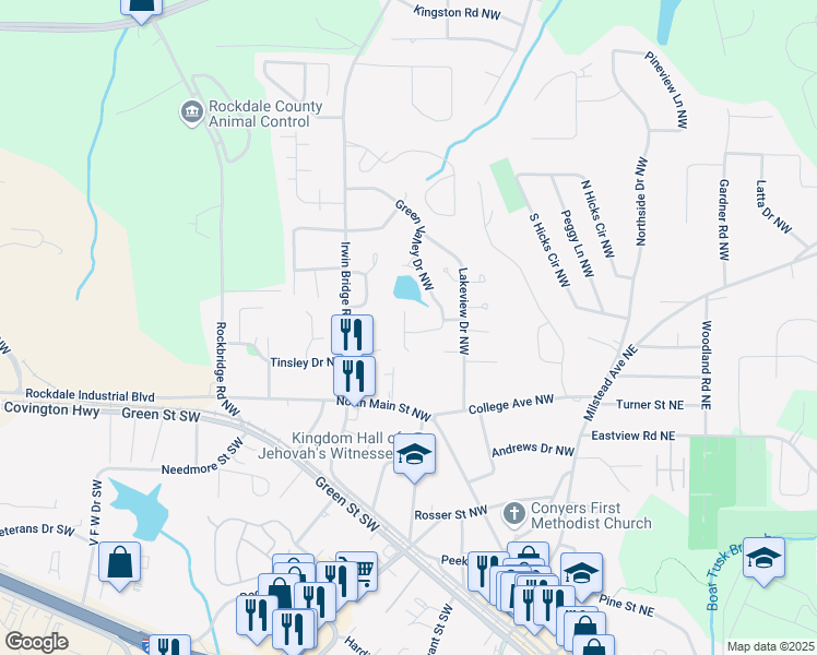 map of restaurants, bars, coffee shops, grocery stores, and more near 885 Green Valley Drive Northwest in Conyers