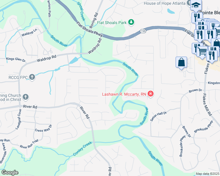 map of restaurants, bars, coffee shops, grocery stores, and more near 3522 Waldrop Ridge Court in Decatur
