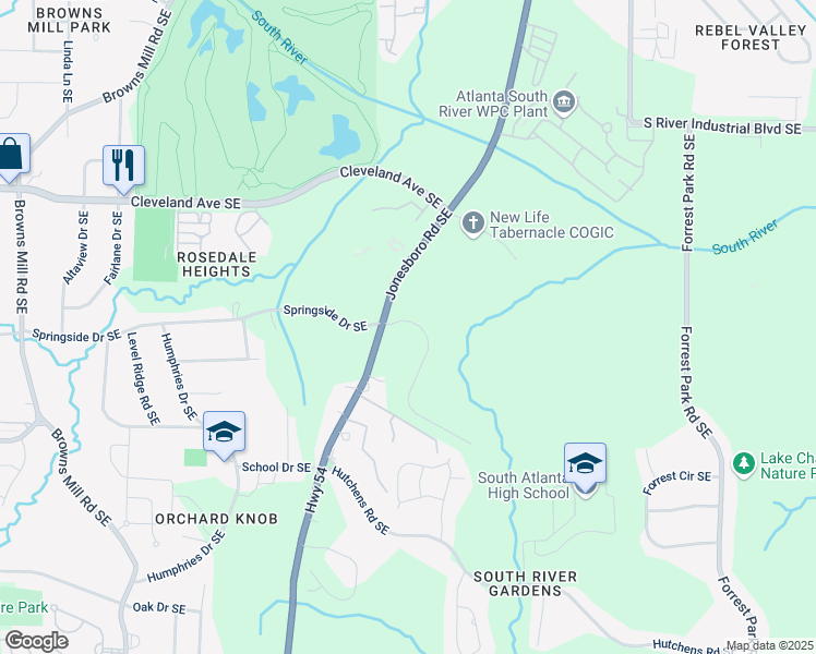 map of restaurants, bars, coffee shops, grocery stores, and more near 603 River Gardens Drive in Atlanta