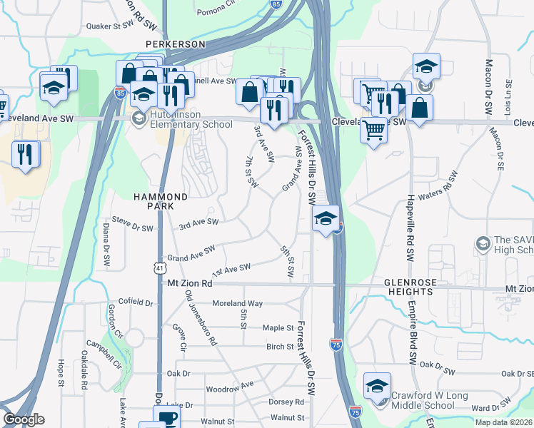 map of restaurants, bars, coffee shops, grocery stores, and more near 2871 Grand Avenue Southwest in Atlanta