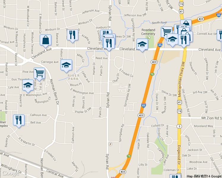 map of restaurants, bars, coffee shops, grocery stores, and more near 2874 Sylvan Road in Atlanta