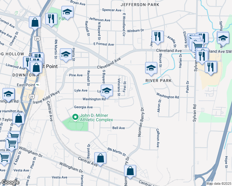 map of restaurants, bars, coffee shops, grocery stores, and more near 1246 Lyle Avenue in East Point