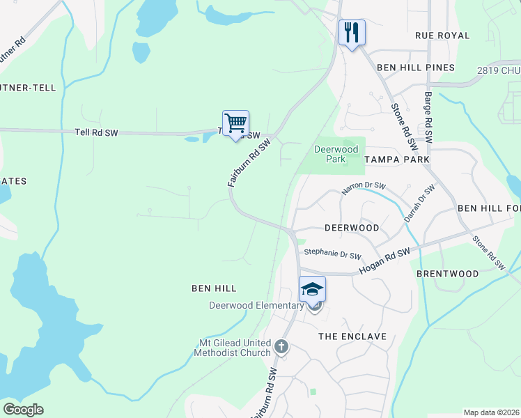 map of restaurants, bars, coffee shops, grocery stores, and more near 2874 Fairburn Road Southwest in Atlanta