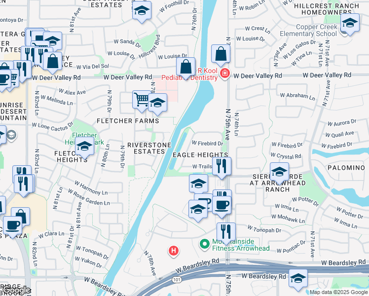 map of restaurants, bars, coffee shops, grocery stores, and more near 21092 North 76th Avenue in Glendale