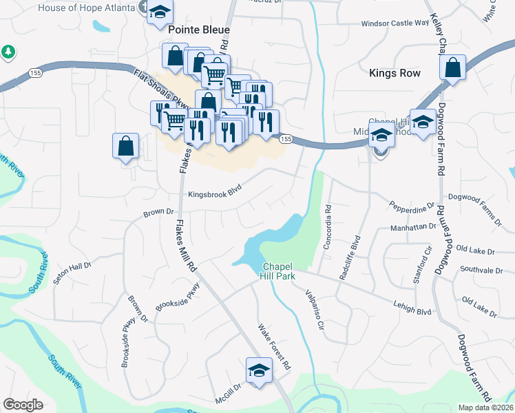 map of restaurants, bars, coffee shops, grocery stores, and more near 3638 Emerald Point in Decatur