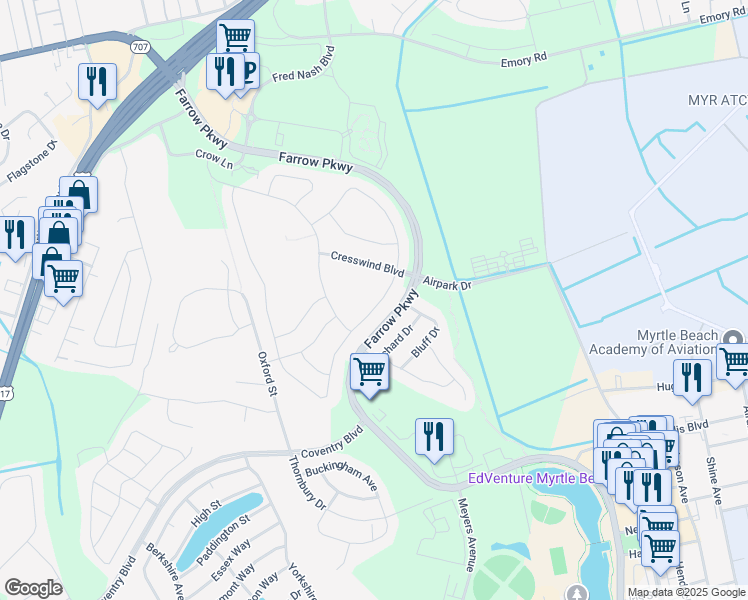 map of restaurants, bars, coffee shops, grocery stores, and more near 1838 Suncrest Drive in Myrtle Beach