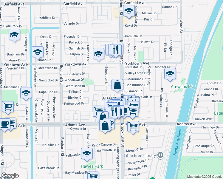 map of restaurants, bars, coffee shops, grocery stores, and more near 9891 Garrett Circle in Huntington Beach