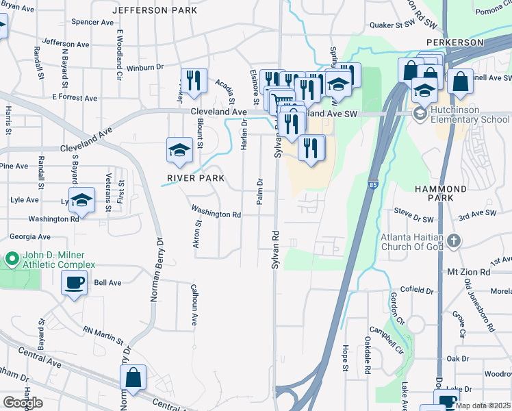 map of restaurants, bars, coffee shops, grocery stores, and more near 2877 Palm Drive in East Point